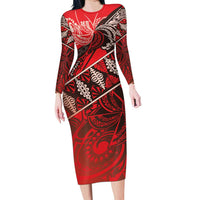 Vintage Ngatu Tribal Tonga Pattern Family Matching Long Sleeve Bodycon Dress and Hawaiian Shirt LT9 Mom's Dress Red - Polynesian Pride