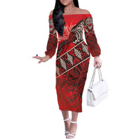 Vintage Ngatu Tribal Tonga Pattern Family Matching Off The Shoulder Long Sleeve Dress and Hawaiian Shirt LT9 Mom's Dress Red - Polynesian Pride