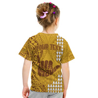 Personalised Strong Maui Kid T Shirt Good Living Hawaii with Shaka Sign Kakau Tribal Gold LT9 - Polynesian Pride