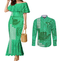 Personalised Strong Maui Couples Matching Mermaid Dress and Long Sleeve Button Shirts Good Living Hawaii with Shaka Sign Kakau Tribal Green LT9 Green - Polynesian Pride