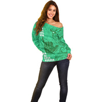 Personalised Strong Maui Off Shoulder Sweater Good Living Hawaii with Shaka Sign Kakau Tribal Green LT9 - Polynesian Pride