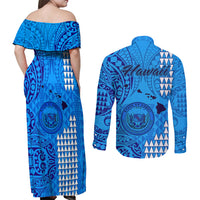 Maui Island Couples Matching Off Shoulder Maxi Dress and Long Sleeve Button Shirts Kakau Tribal Mixed Polynesian Pattern Blue LT9 - Polynesian Pride
