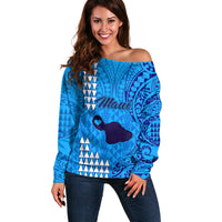 Maui Island Off Shoulder Sweater Kakau Tribal Mixed Polynesian Pattern Blue LT9 Women Blue - Polynesian Pride