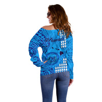 Maui Island Off Shoulder Sweater Kakau Tribal Mixed Polynesian Pattern Blue LT9 - Polynesian Pride