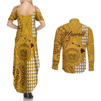 Maui Island Couples Matching Summer Maxi Dress and Long Sleeve Button Shirts Kakau Tribal Mixed Polynesian Pattern Gold LT9 - Polynesian Pride