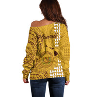 Maui Island Off Shoulder Sweater Kakau Tribal Mixed Polynesian Pattern Gold LT9 - Polynesian Pride