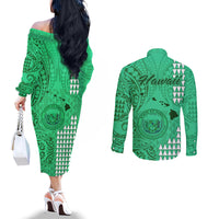 Maui Island Couples Matching Off The Shoulder Long Sleeve Dress and Long Sleeve Button Shirts Kakau Tribal Mixed Polynesian Pattern Green LT9 - Polynesian Pride