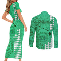 Maui Island Couples Matching Short Sleeve Bodycon Dress and Long Sleeve Button Shirts Kakau Tribal Mixed Polynesian Pattern Green LT9 - Polynesian Pride