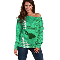 Maui Island Off Shoulder Sweater Kakau Tribal Mixed Polynesian Pattern Green LT9 Women Green - Polynesian Pride