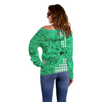 Maui Island Off Shoulder Sweater Kakau Tribal Mixed Polynesian Pattern Green LT9 - Polynesian Pride