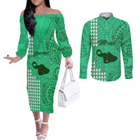 Personalised Maui Island Couples Matching Off The Shoulder Long Sleeve Dress and Long Sleeve Button Shirts Kakau Tribal Mixed Polynesian Pattern Green LT9 Green - Polynesian Pride