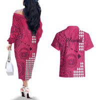 Maui Island Couples Matching Off The Shoulder Long Sleeve Dress and Hawaiian Shirt Kakau Tribal Mixed Polynesian Pattern Pink LT9 - Polynesian Pride
