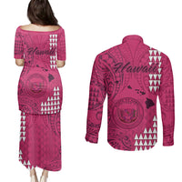 Maui Island Couples Matching Puletasi Dress and Long Sleeve Button Shirts Kakau Tribal Mixed Polynesian Pattern Pink LT9 - Polynesian Pride