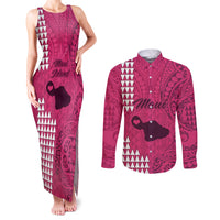 Maui Island Couples Matching Tank Maxi Dress and Long Sleeve Button Shirts Kakau Tribal Mixed Polynesian Pattern Pink LT9 Pink - Polynesian Pride