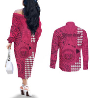 Personalised Maui Island Couples Matching Off The Shoulder Long Sleeve Dress and Long Sleeve Button Shirts Kakau Tribal Mixed Polynesian Pattern Pink LT9 - Polynesian Pride