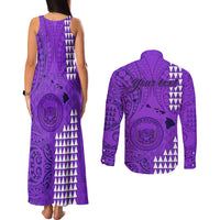 Personalised Maui Island Couples Matching Tank Maxi Dress and Long Sleeve Button Shirts Kakau Tribal Mixed Polynesian Pattern Purple LT9 - Polynesian Pride