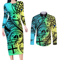 Personalised Malampa Fiji Day Couples Matching Long Sleeve Bodycon Dress and Long Sleeve Button Shirts Vanuatu Sand Drawing With Polynesian Pattern LT9 Black - Polynesian Pride