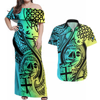 Personalised Malampa Fiji Day Couples Matching Off Shoulder Maxi Dress and Hawaiian Shirt Vanuatu Sand Drawing With Polynesian Pattern LT9 Black - Polynesian Pride