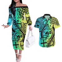 Personalised Malampa Fiji Day Couples Matching Off The Shoulder Long Sleeve Dress and Hawaiian Shirt Vanuatu Sand Drawing With Polynesian Pattern LT9 Black - Polynesian Pride