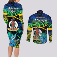 Malampa Day Couples Matching Long Sleeve Bodycon Dress and Long Sleeve Button Shirts Vanuatu Flowers with Malampa Emblem Tribal Pattern LT9 - Polynesian Pride