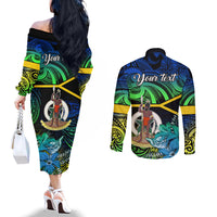 Personalised Malampa Day Couples Matching Off The Shoulder Long Sleeve Dress and Long Sleeve Button Shirts Vanuatu Flowers with Malampa Emblem Tribal Pattern LT9 - Polynesian Pride