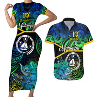 Personalised Malampa Day Couples Matching Short Sleeve Bodycon Dress and Hawaiian Shirt Vanuatu Flowers with Malampa Emblem Tribal Pattern LT9 Black - Polynesian Pride
