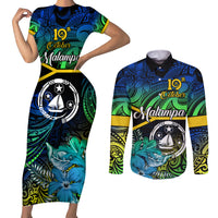 Personalised Malampa Day Couples Matching Short Sleeve Bodycon Dress and Long Sleeve Button Shirts Vanuatu Flowers with Malampa Emblem Tribal Pattern LT9 Black - Polynesian Pride