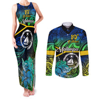 Personalised Malampa Day Couples Matching Tank Maxi Dress and Long Sleeve Button Shirts Vanuatu Flowers with Malampa Emblem Tribal Pattern LT9 Black - Polynesian Pride