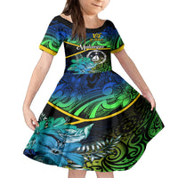 Personalised Malampa Day Family Matching Summer Maxi Dress and Hawaiian Shirt Vanuatu Flowers with Malampa Emblem Tribal Pattern LT9 Daughter's Dress Black - Polynesian Pride