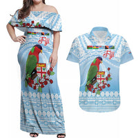 Melanesian Fiji Kula Bird Couples Matching Off Shoulder Maxi Dress and Hawaiian Shirt with Tagimoucia Masi Tapa Pattern LT9 Blue - Polynesian Pride