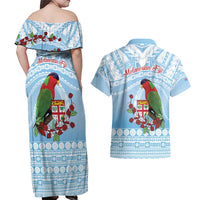 Melanesian Fiji Kula Bird Couples Matching Off Shoulder Maxi Dress and Hawaiian Shirt with Tagimoucia Masi Tapa Pattern LT9 - Polynesian Pride