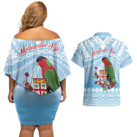 Melanesian Fiji Kula Bird Couples Matching Off Shoulder Short Dress and Hawaiian Shirt with Tagimoucia Masi Tapa Pattern LT9 - Polynesian Pride