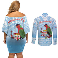 Melanesian Fiji Kula Bird Couples Matching Off Shoulder Short Dress and Long Sleeve Button Shirt with Tagimoucia Masi Tapa Pattern LT9 - Polynesian Pride