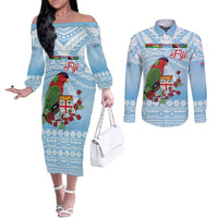 Melanesian Fiji Kula Bird Couples Matching Off The Shoulder Long Sleeve Dress and Long Sleeve Button Shirt with Tagimoucia Masi Tapa Pattern LT9 Blue - Polynesian Pride