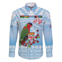 Melanesian Fiji Kula Bird Family Matching Off The Shoulder Long Sleeve Dress and Hawaiian Shirt with Tagimoucia Masi Tapa Pattern LT9 Dad's Shirt - Long Sleeve Blue - Polynesian Pride