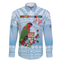 Melanesian Fiji Kula Bird Family Matching Summer Maxi Dress and Hawaiian Shirt with Tagimoucia Masi Tapa Pattern LT9 Dad's Shirt - Long Sleeve Blue - Polynesian Pride