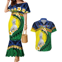Melanesian New Caledonia Couples Matching Mermaid Dress and Hawaiian Shirt Plumeria Kagu Bird and Nautilus Shell LT9 Blue - Polynesian Pride