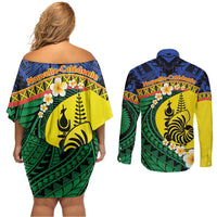 Melanesian New Caledonia Couples Matching Off Shoulder Short Dress and Long Sleeve Button Shirt Plumeria Kagu Bird and Nautilus Shell LT9 - Polynesian Pride