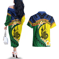 Melanesian New Caledonia Couples Matching Off The Shoulder Long Sleeve Dress and Hawaiian Shirt Plumeria Kagu Bird and Nautilus Shell LT9 - Polynesian Pride