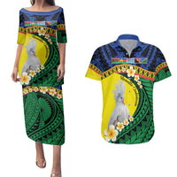 Melanesian New Caledonia Couples Matching Puletasi and Hawaiian Shirt Plumeria Kagu Bird and Nautilus Shell LT9 Blue - Polynesian Pride