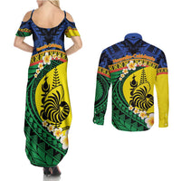 Melanesian New Caledonia Couples Matching Summer Maxi Dress and Long Sleeve Button Shirt Plumeria Kagu Bird and Nautilus Shell LT9 - Polynesian Pride