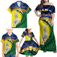 Melanesian New Caledonia Family Matching Off Shoulder Maxi Dress and Hawaiian Shirt Plumeria Kagu Bird and Nautilus Shell LT9 - Polynesian Pride
