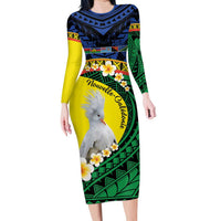 Melanesian New Caledonia Long Sleeve Bodycon Dress Plumeria Kagu Bird and Nautilus Shell LT9 Long Dress Blue - Polynesian Pride