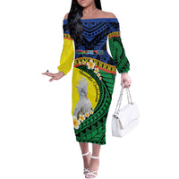 Melanesian New Caledonia Off The Shoulder Long Sleeve Dress Plumeria Kagu Bird and Nautilus Shell LT9 Women Blue - Polynesian Pride