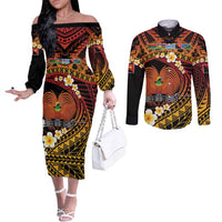 Melanesian Papua New Guinea Couples Matching Off The Shoulder Long Sleeve Dress and Long Sleeve Button Shirt Plumeria Bird of Paradise Tribal LT9 Red - Polynesian Pride