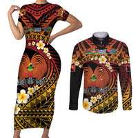 Melanesian Papua New Guinea Couples Matching Short Sleeve Bodycon Dress and Long Sleeve Button Shirt Plumeria Bird of Paradise Tribal LT9 Red - Polynesian Pride
