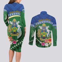 Melanesian Solomon Islands Couples Matching Long Sleeve Bodycon Dress and Long Sleeve Button Shirt Tropical Shark Tattoo LT9 - Polynesian Pride