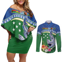 Melanesian Solomon Islands Couples Matching Off Shoulder Short Dress and Long Sleeve Button Shirt Tropical Shark Tattoo LT9 Blue - Polynesian Pride