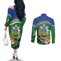 Melanesian Solomon Islands Couples Matching Off The Shoulder Long Sleeve Dress and Long Sleeve Button Shirt Tropical Shark Tattoo LT9 - Polynesian Pride