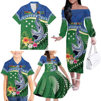 Melanesian Solomon Islands Family Matching Off The Shoulder Long Sleeve Dress and Hawaiian Shirt Tropical Shark Tattoo LT9 - Polynesian Pride